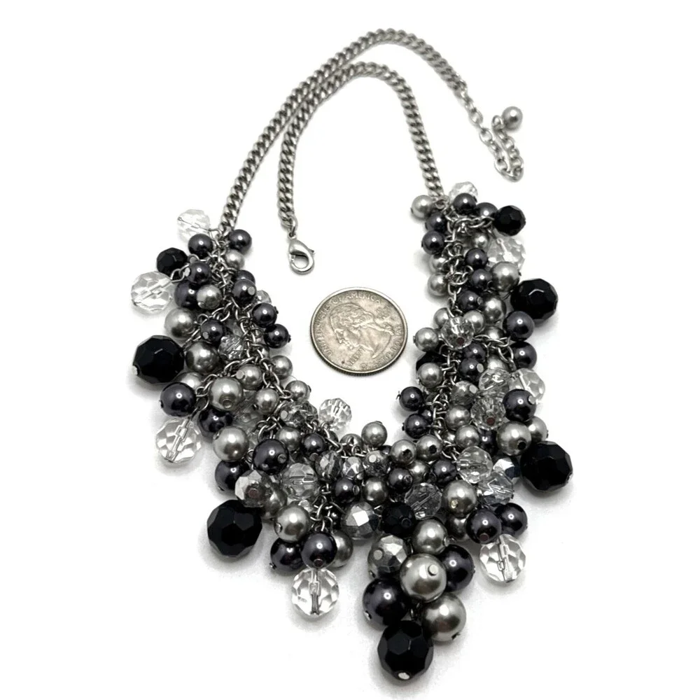 Cha-Cha Style Necklace Clear Gray Black Bead Cluster Statement Bib 16